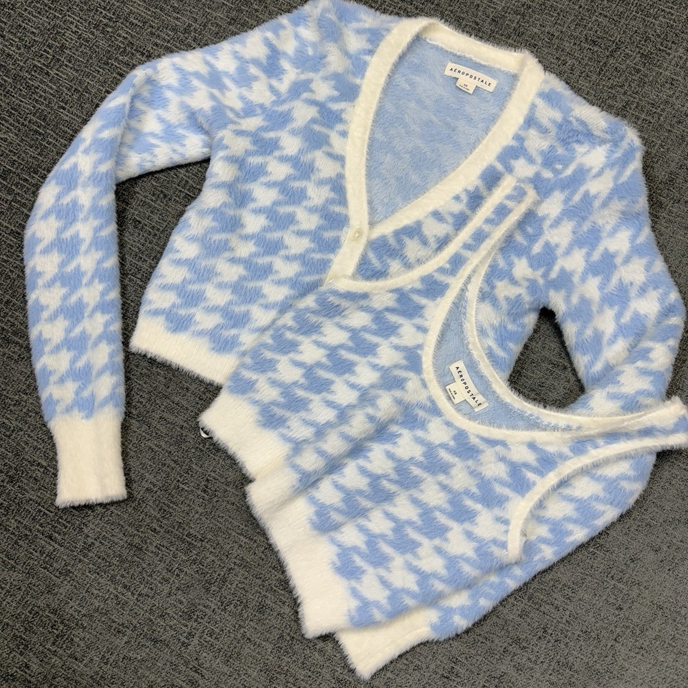 Aeropostale Cropped Fuzzy‎ Sweater Tank Matching Set Womens XS Houndstooth
